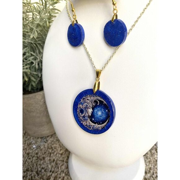 Celestial Moon Goddess Jewelry Set – Blue Galaxy Resin Pendant & Earrings - Picture 4 of 4